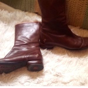 John Fluevog Brown Leather Fellowship Midcalf Zip Up Round Toe Boots